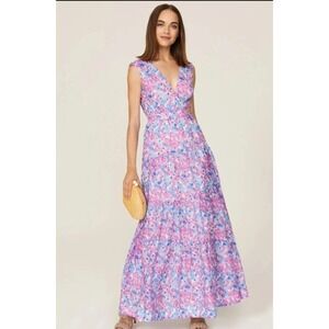 Nicholas Floral Cut-Out Tiered Maxi Dress Purple Blue V-Neck 10